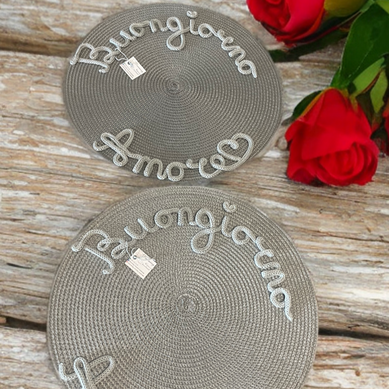 Tovaglietta sottopiatto tonda in paglia "Buongiorno amore"