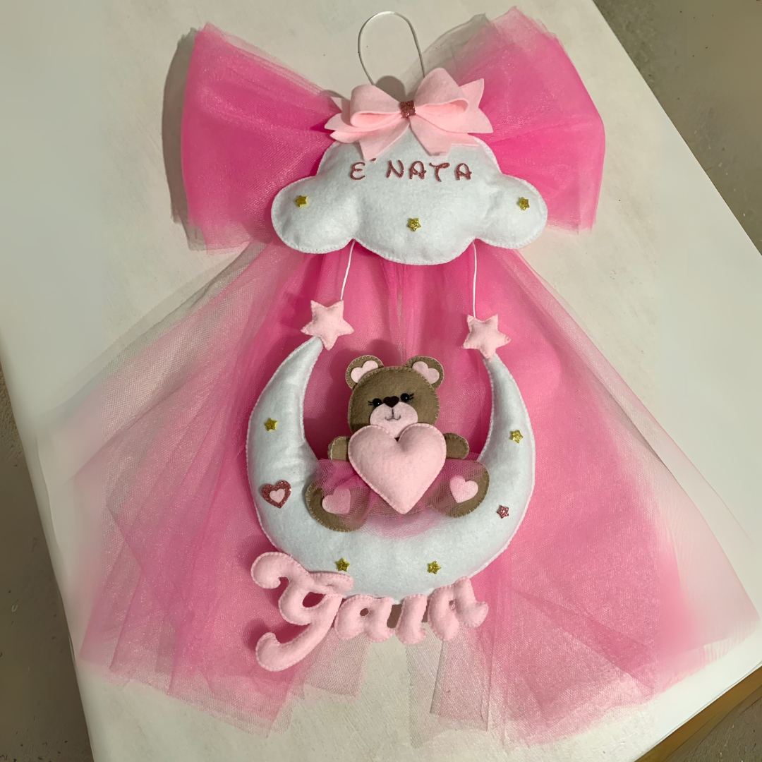 Fiocco nascita orsetto su luna e nuvola